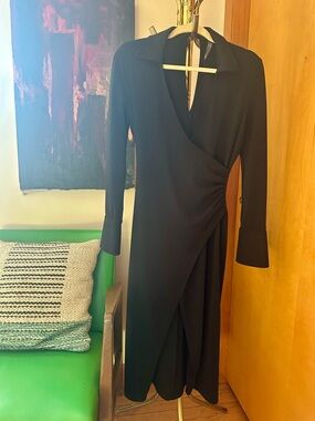 Anthropologie Black Wrap Midi Dress with Collared V-Neck